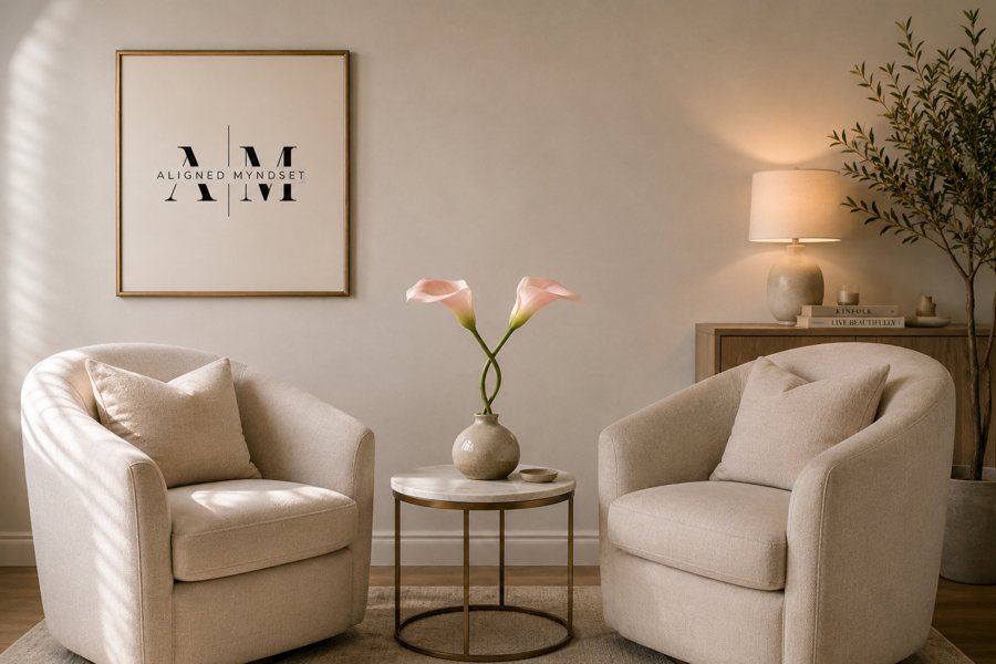 Two armchairs beside a table with flowers, in a calm coaching space